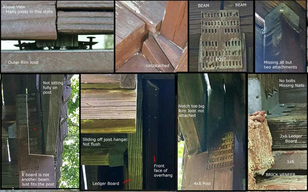 A collage of photos from outdoor deck inspections showing common failures