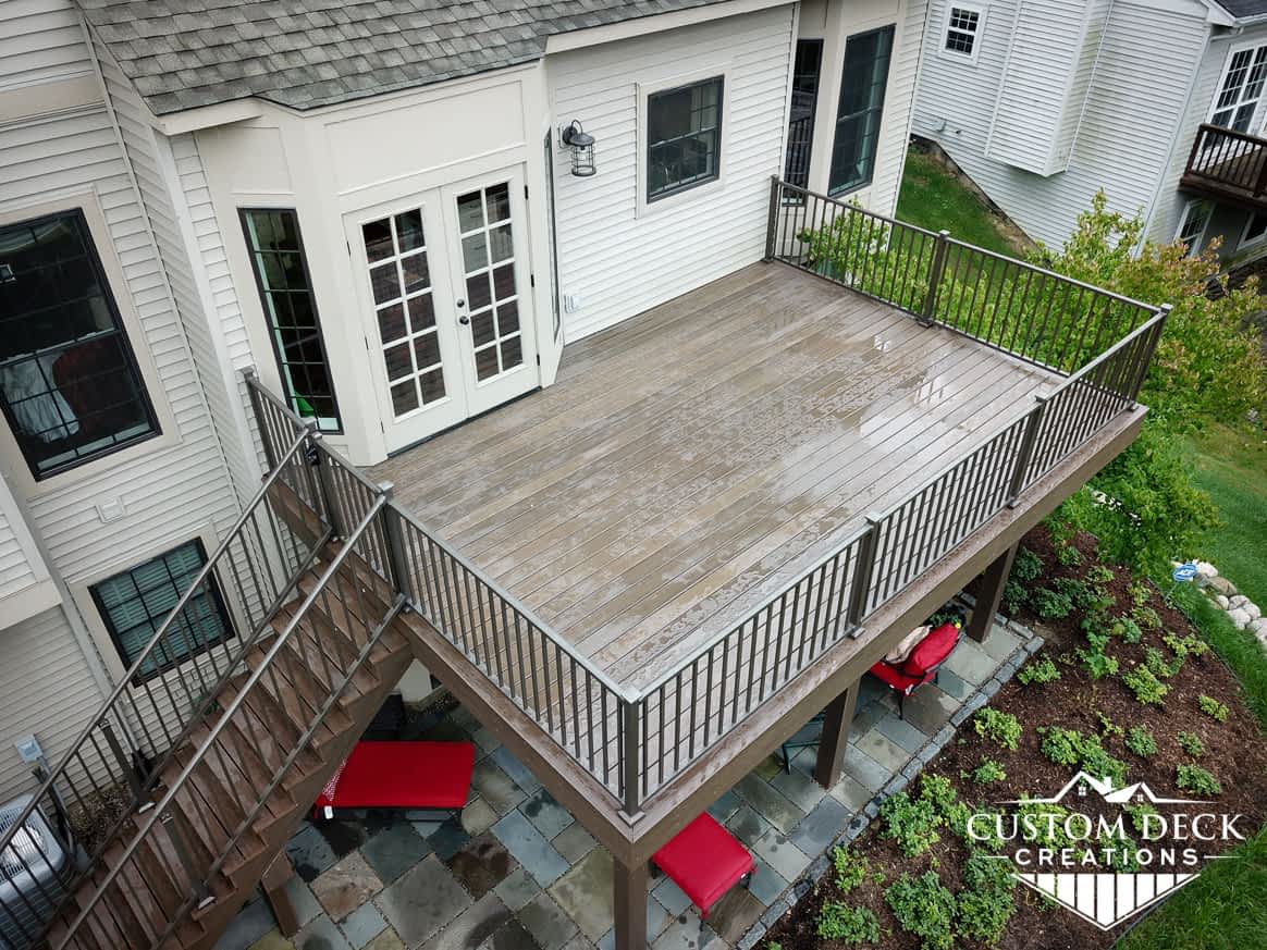Aerial view of a 2nd story backyard deck